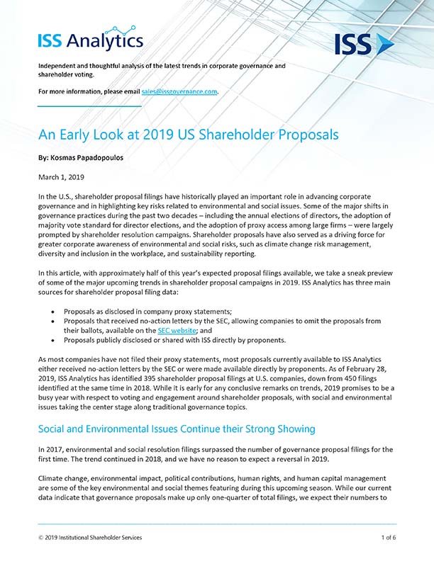 An Early Look at 2019 US Shareholder Proposals
