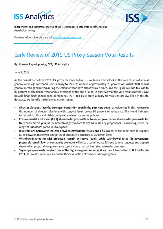 Early Review of 2019 US Proxy Season Vote Results